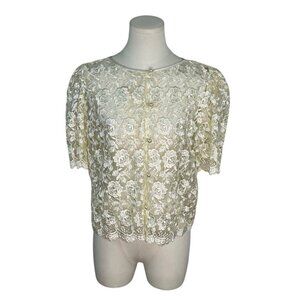 Vintage Raffaella Ivory Floral Lace Short Sleeve Blouse With Pearl Button Accent
